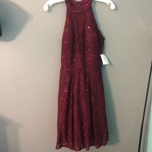 Wine Halter Glitter Lace Prom/Homecoming Dress